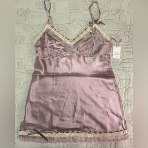 NEW Gold Hawk Silk Chemise Lace Cami Bow Detail Sz L Mauve Shadow